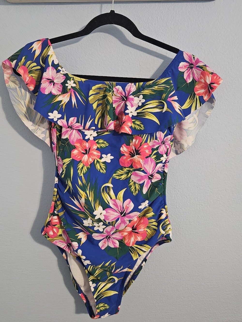 Kona Sol Blue Swimsuit with Pink Floral Accents